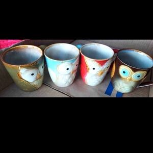 Vintage Gibson Home Ceramic Owl Mug Set in Green Blue Red Brown